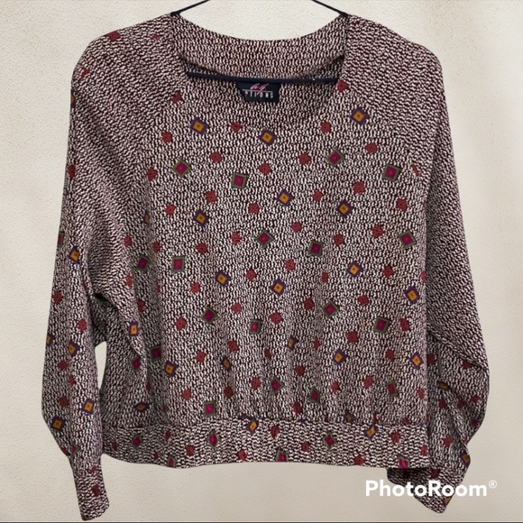 A.G. Options Tops - Vintage 80s Long Sleeve Brown with Jewel Tone Pattern Blouse + Shoulder Pads